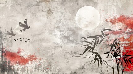 Abstract background in retro Japanese engraving style, stylized oriental traditional landscape with...