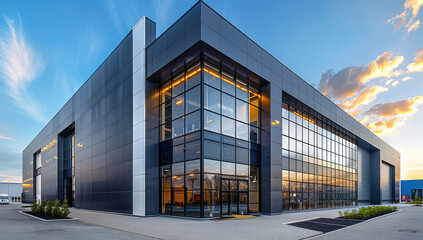 A sleek and modern warehouse exterior, featuring large glass windows that showcase the interior layout of advanced machinery for global shipping. Created with Ai
