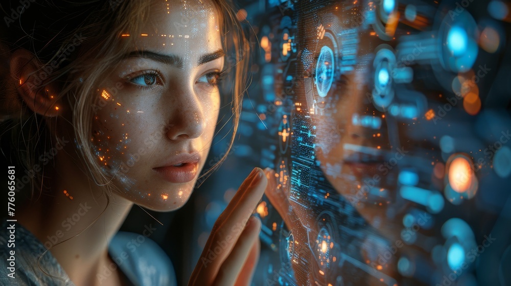 Poster Female cyborg working with futuristic interface on transparent computer touch screen. Artificial intelligence analyst data on computer display.