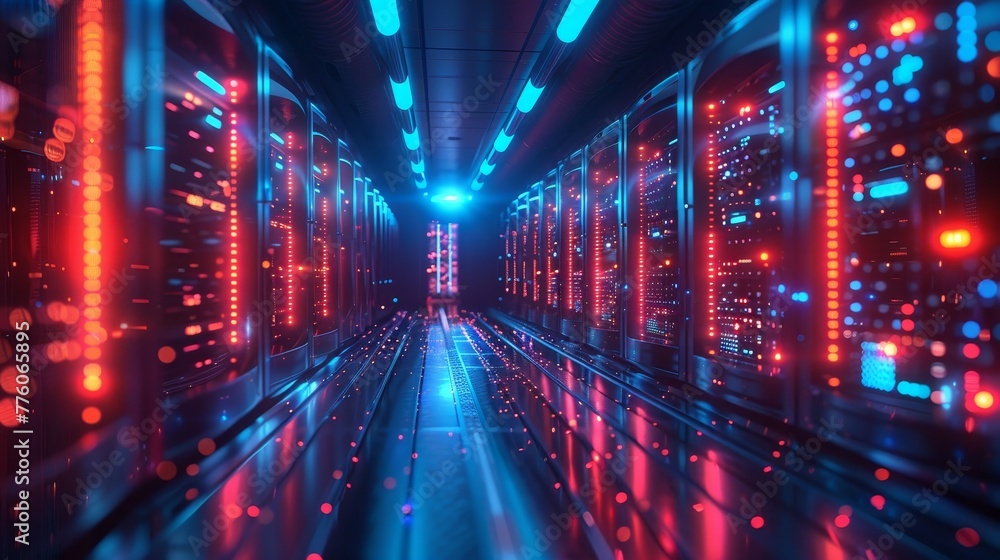 Aufkleber An abstract door in a tunnel with digital data center light signals. Future computer technology design for a cyber gate in cyberspace. Fantasy cyber gate or portal in a data center. Technological