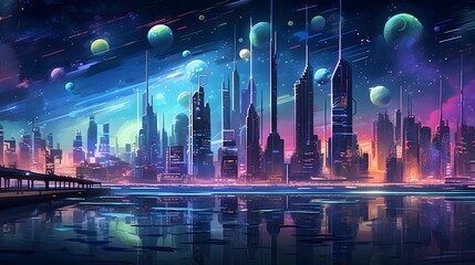 Panorama of the night city. Futuristic city at night.