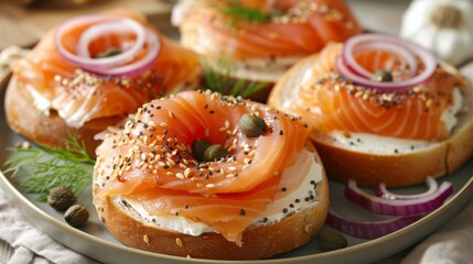 Plate of smoked salmon and cream cheese on a whole grain bagel