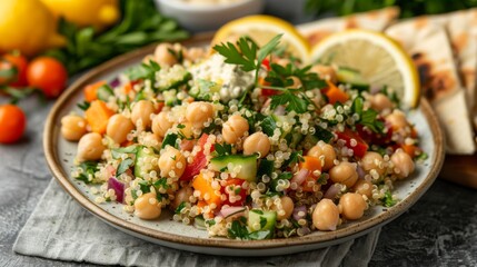 Bowl of quinoa salad with mixed vegetables, chickpeas and lemon-tahini dressing