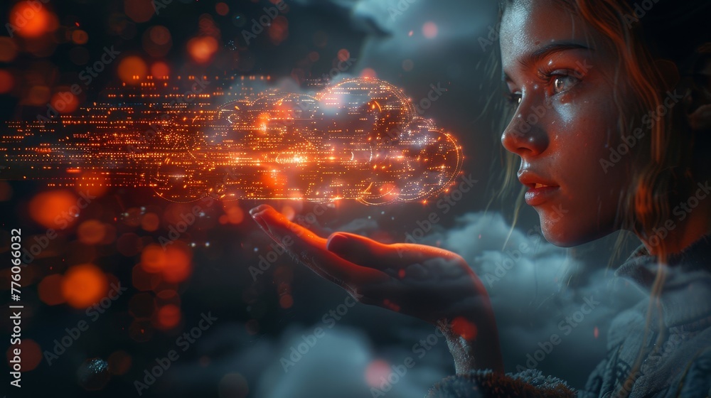 Poster An AI robot woman holds digital data in her palm from internet cloud storage. AI for cloud computing, artificial neural network learning.