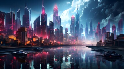 panoramic view of the modern city at night with neon lights