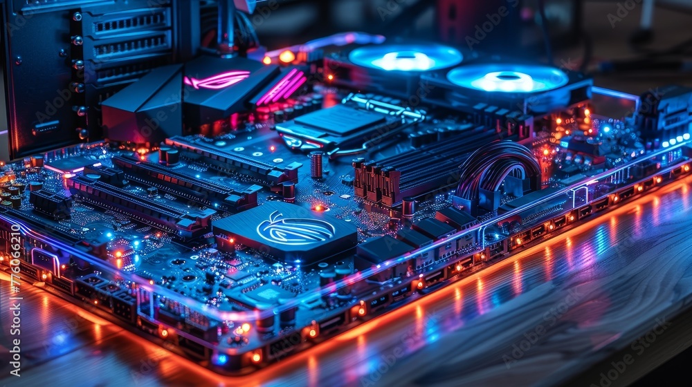 Aufkleber upgrade or repair of gaming computer hardware in the dark with neon lights. configuration or repair 