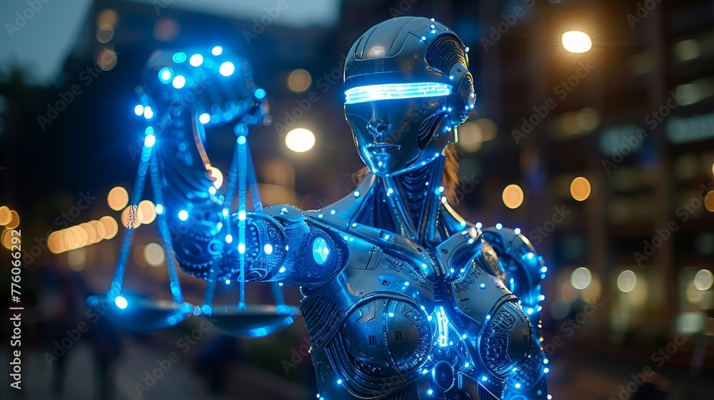 Leinwandbilder Judge by computer artificial intelligence in image of goddess Themis. Robotic or cyborg woman with scales. Judge through artificial neural networks.