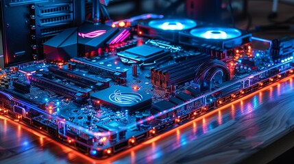 Upgrade or repair of gaming computer hardware in the dark with neon lights. Configuration or repair of desktop gaming computer hardware.