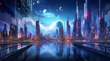 Futuristic city panorama with skyscrapers and river at night