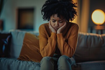Black young adult woman suffering from depression, sad girl crying and experiencing loneliness, depression and social isolation concept, AI generated - obrazy, fototapety, plakaty