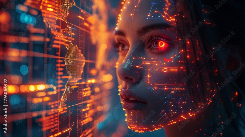 Poster A cyborg face analyzes global data with the help of artificial intelligence technology. Bot or robot head hanging over digital world map.