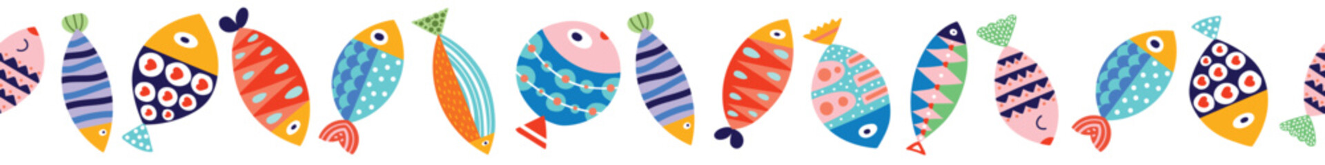 Vector seamless horizontal border with fish. Cute illustration. - 776066428