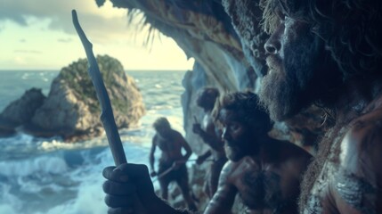 Group of cavemen, each holding a primitive club - obrazy, fototapety, plakaty