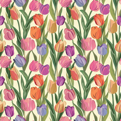  Seamless pattern of stylized tulips in pastel shades with dense, overlapping foliage on a light background.