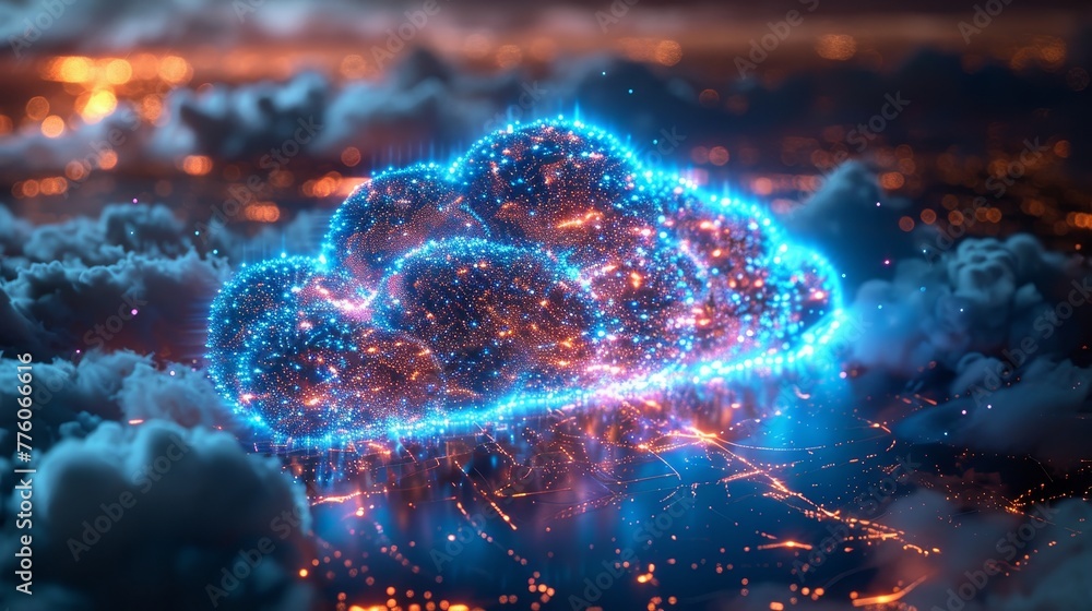 Poster The concept of cloud computing. Remote data storage. Communication with the company's network through the cloud. Cloud services. Downloading and uploading data on the Internet. Smart city technology.