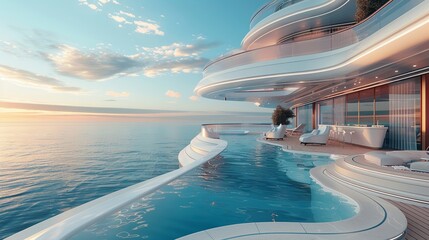 Luxurious cruise ship deck with pools, bars, and ocean views, leisure and travel theme , sci-fi tone