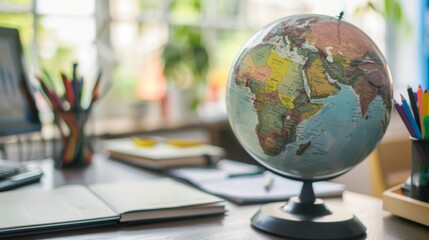 Modern world map on the table with a soft accent to the surrounding office supplies