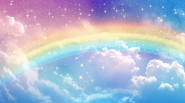 Beautiful and colorful skies. Light clouds are colored in various shades due to the bright colorful rainbow and stars in the sky