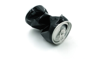 Black soda can on white background, recycled material concept