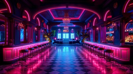 A Night club with colorful lights where people come to dance, have fun, and enjoy drinks.