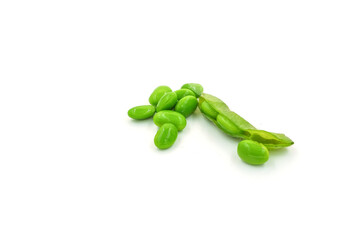 Fresh edamame soybeans and pods isolated on white background.