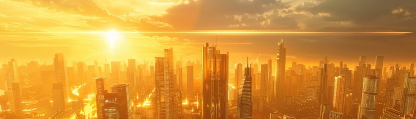 Fototapeta na wymiar A futuristic cityscape with golden skyscrapers under a radiant sunset symbolizing prosperity and innovation