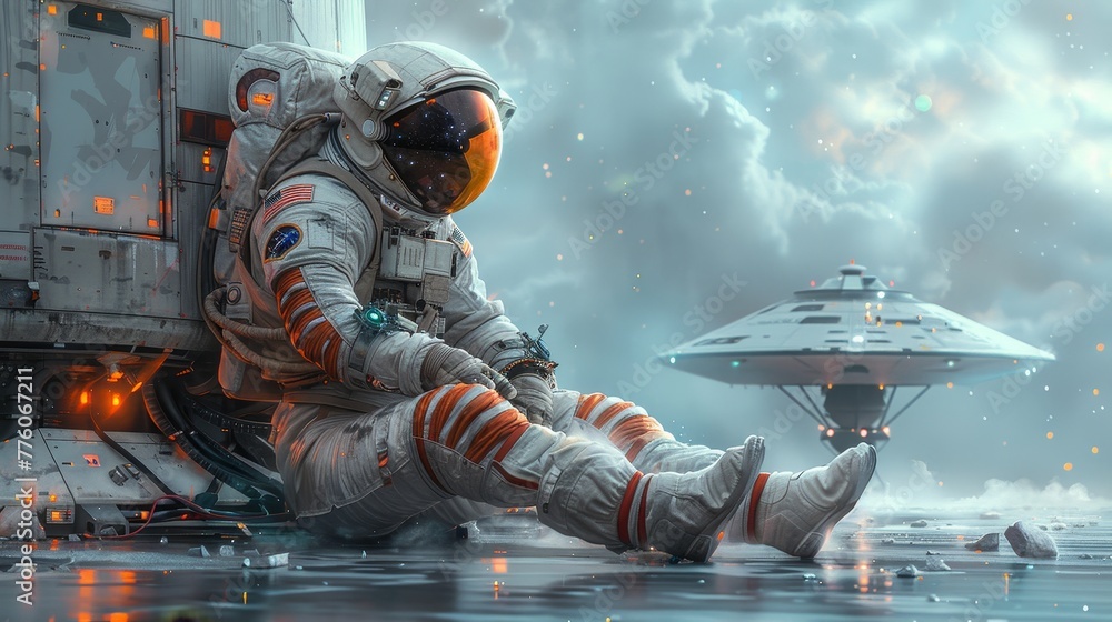 Poster a cosmonaut sits on a futuristic spaceship at a spaceport and watches the stars. science fiction ill