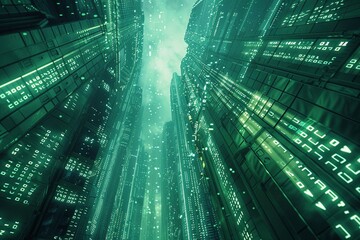 Fototapeta premium A dynamic digital landscape unfolds with cascading green numerical codes in a matrix-like formation. This image represents the ever-flowing nature of data