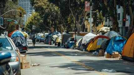 Homeless tent camp set up along a busy urban street, with makeshift tents and shelters made from tarps and cardboard - obrazy, fototapety, plakaty