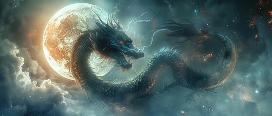 A mythical dragon coiled around a moon guarding the secrets of the universe - obrazy, fototapety, plakaty