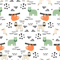 Fototapeta premium Vector seamless pattern with sloth, hippopotamus, zebra, bird.Tropical jungle cartoon creatures.Pastel animals background.Cute natural pattern for fabric, childrens clothing,textiles,wrapping paper.