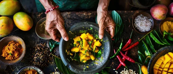 Fotobehang A traditional mango pickle preparation scene highlighting cultural culinary practices © AI Farm