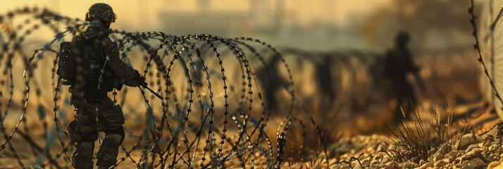 Military personnel and border guards patrol the territory, are armed with weapons and keep a close eye on illegal immigrants and saboteurs - obrazy, fototapety, plakaty