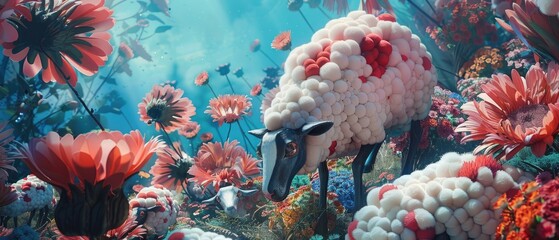 A whimsical scene of sheep with polka-dotted wool playing in a field of giant flowers - obrazy, fototapety, plakaty