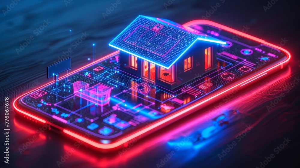 Poster IOT smart home system isometric concept. Domestic devices on screen. Smart phone in neon light. Electronic devices inside. Mobile app for IOT smart home control.