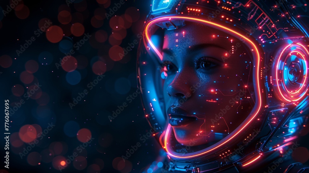 Poster Coding or programming app artificial intelligence. Interactive chatbot created with AI. Robot or cyborg woman teaching coding via laptop.