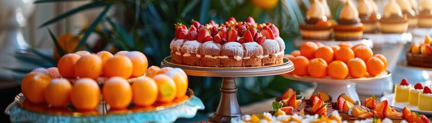 An orange-themed dessert spread with cakes - obrazy, fototapety, plakaty