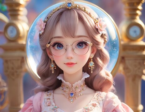 A digital portrait of an animated princess with intricate jewelry, framed by vintage golden decor and soft background hues