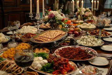 Fotobehang a Matzah Mansion Meal a lavish Passover feast where the table is adorned with traditional foods. Matzah takes center stage, surrounded by dishes such as charoset, maror, and gefilte fish © Izanbar MagicAI Art