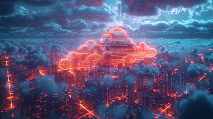 The concept of cloud computing is an abstraction in digital technology. Mobile internet. IoT devices communicate with cloud storage. Computer tech background. A connection with digital data storage - obrazy, fototapety, plakaty