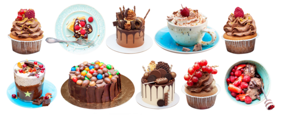 Chocolate desserts collage. Cakes, cupcakes, cookies, ice cream, meringues, donuts isolated on white background, png, copy space