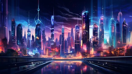 Panoramic view of modern city at night with neon lights.