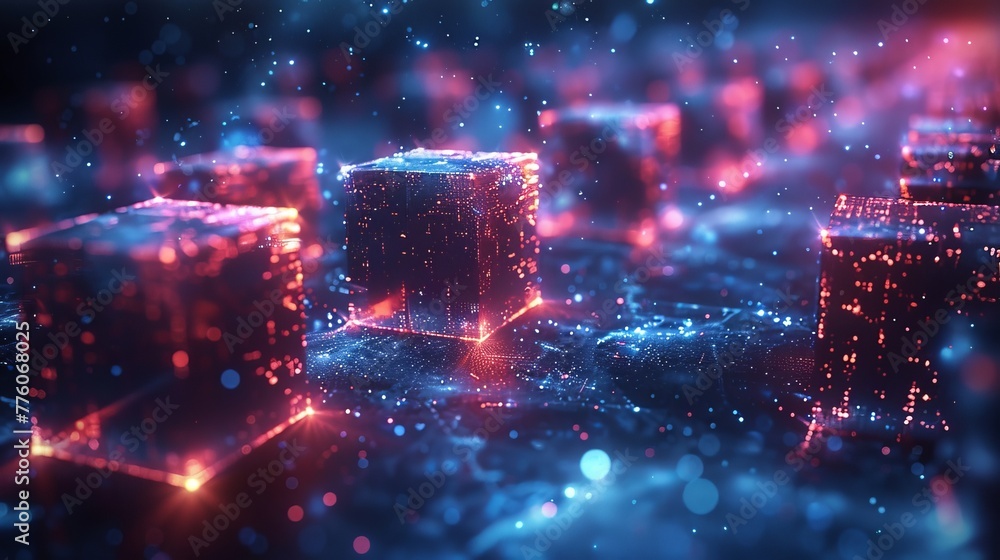 Aufkleber This is an abstract futuristic technological background with 3D objects floating in space over a dark blue background. Neon glowing geometric shapes float in the air in 3D space.