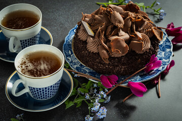 chocolate cake and cup of tea 