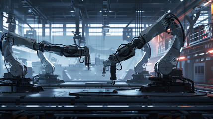 A futuristic factory with robots working on assembly lines. The robots are all different sizes and are spread out throughout the factory. Scene is one of efficiency and productivity - obrazy, fototapety, plakaty
