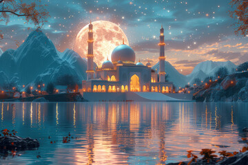 A beautiful mosque with glowing lights on the mountains, there is an epic view of moon and stars reflected in water. Created with Ai - obrazy, fototapety, plakaty