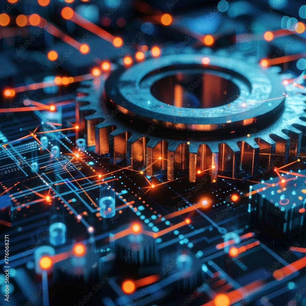 Aufkleber macro view of a gear in transition, symbolizing digital transformation, set against a backdrop of di