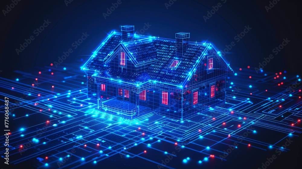 Poster Smart home with IOT system technology isometric concept. Smart devices in case of smartphone connection to internet. IOT home network with AI system controls IOT system.