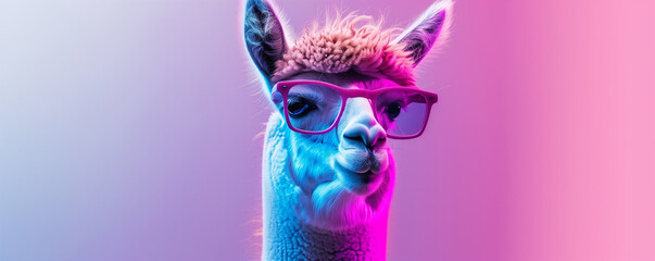 Fototapeta premium Stylish alpaca with glasses in neon light