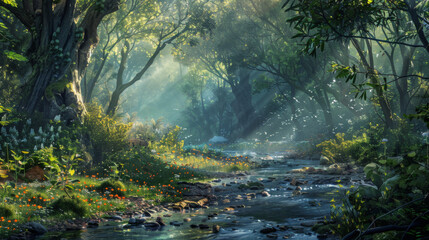 concept art of an enchanted forest, sun rays shining through the trees, colorful flowers and grass on ground, highly detailed, intricate details, high resolution, high definition, cinematic lighting